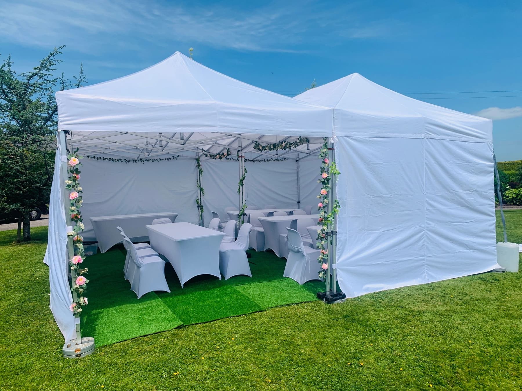 Outdoor marquee dining setup in an Irish event setting