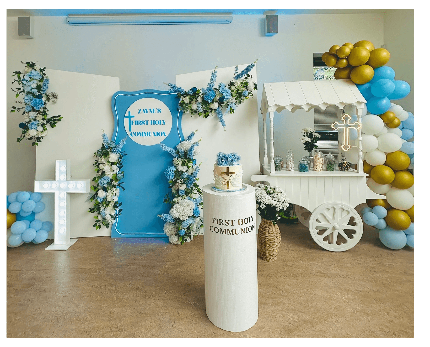 Floral wall with personalised wedding neon signage